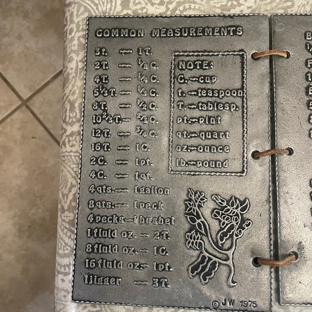 Vintage 1975 JW Pewter Recipe Book Cover Leather Bound Measurement Chart 10x6.5 - Picture 5 of 7